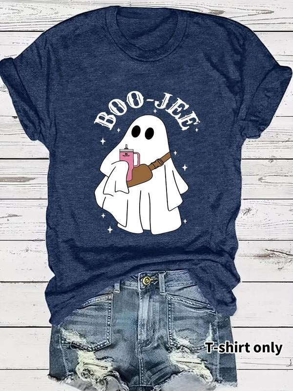 Women's Ghost & Letter Print Round Neck Tee, Casual Short Sleeve Crew Neck T-shirt for Summer, Fashion Women's Top for...