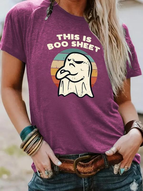 Women's Ghost & Letter Print Round Neck Tee, Fashion Casual Crew Neck T-Shirt for Daily Holiday Vacation Outdoor Wear,...