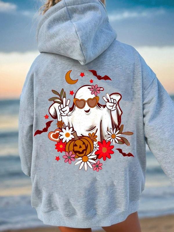 Women's Ghost & Pumpkin & Bat Print Drop Shoulder Hoodie, Fashion Casual Drawstring Pocket Hooded Sweatshirt for Daily...