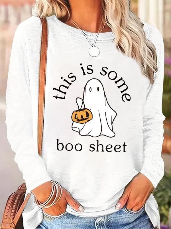 Women's Ghost & Pumpkin Print Round Neck Sweatshirt, Casual Long Sleeve Crew Neck Pullover for Spring & Fall, Fashion...