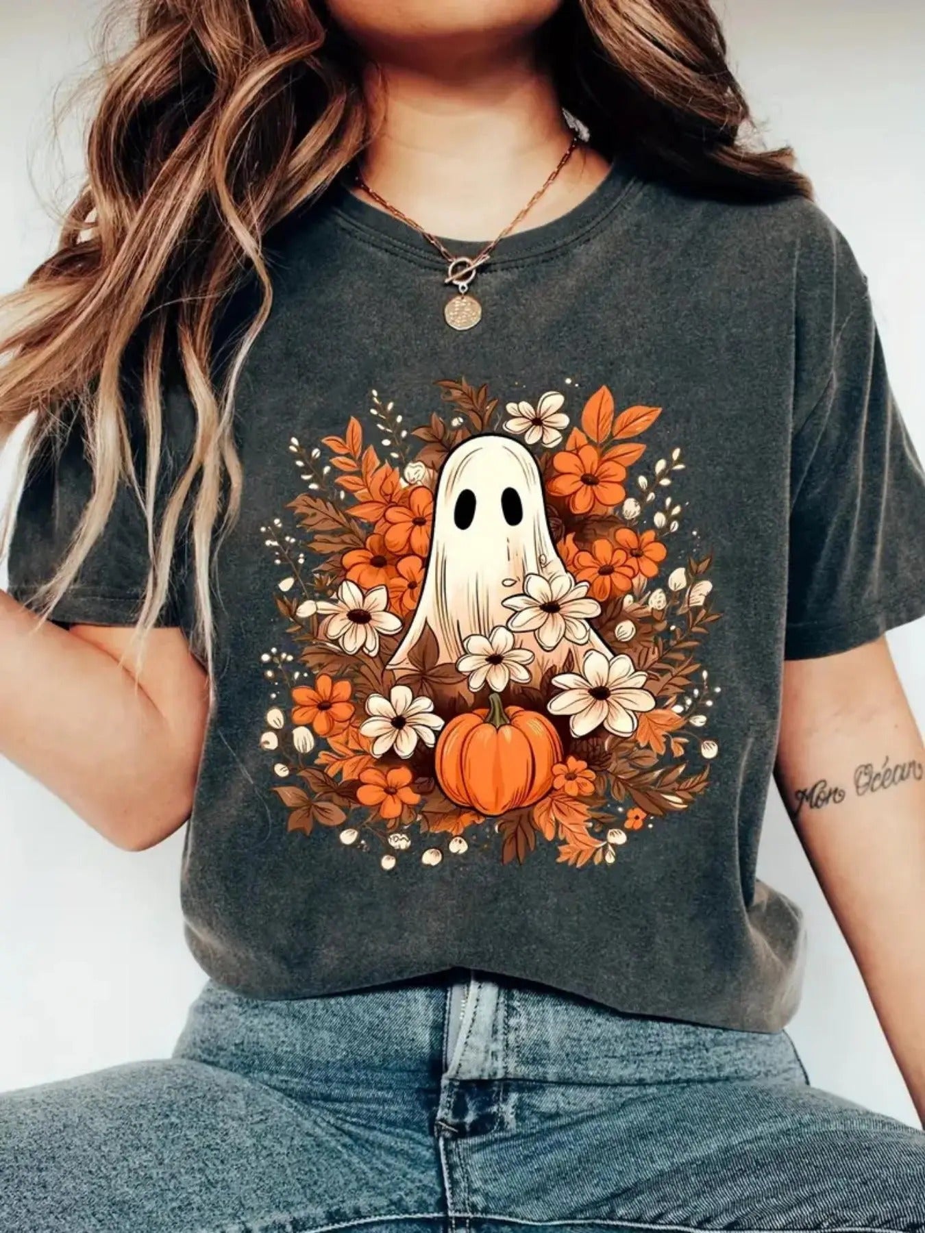 Women's Ghost & Pumpkin Print Round Neck Tee, Casual Halloween Graphic Drop Shoulder Short Sleeve T-shirt for Summer,...