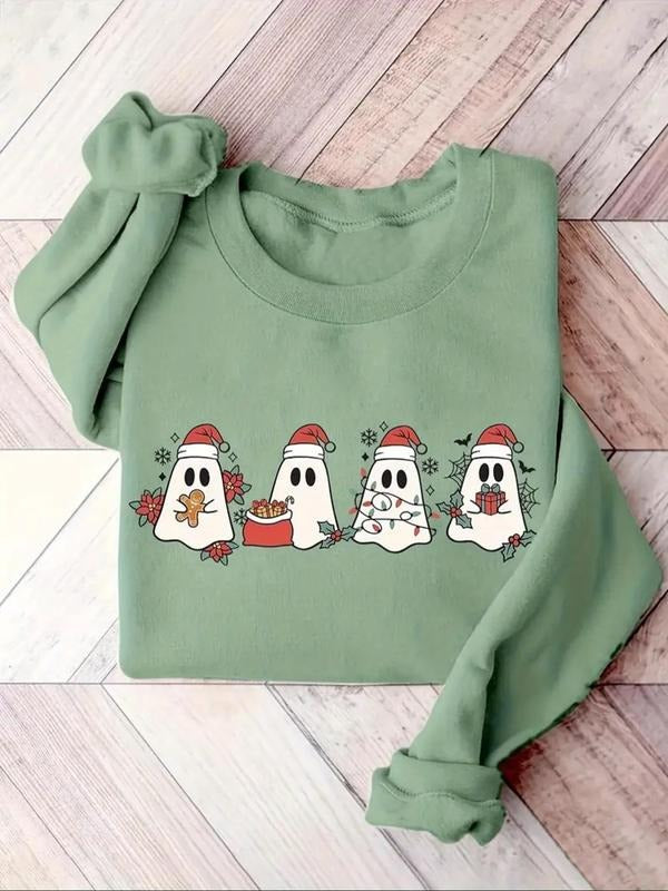 Women's Ghost Print Crew Neck Sweatshirt, Casual Long Sleeve Pullover for Fall & Winter, Women's Clothes for Daily Wear...
