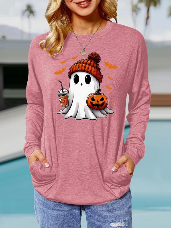 Women's Ghost Print Round Neck Long Sleeve Pullover, Loose Fit Halloween T-Shirt, Comfortable Breathable Casual Top for...