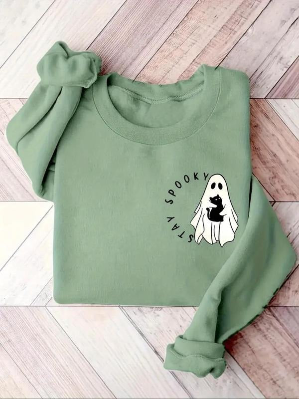 Women's Ghost Print Round Neck Pullover, Halloween Theme Casual Long Sleeve Crew Neck Sweatshirt for Fall & Winter,...