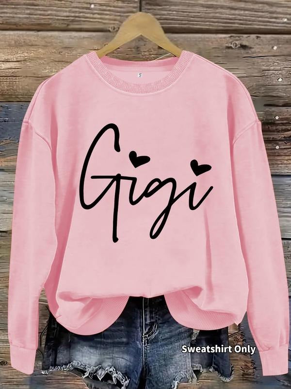 Women's Gigi Print Crew Neck Fitted Sweatshirt, Casual Long Sleeve Pullover for Fall & Winter, Women's Clothes for Daily...