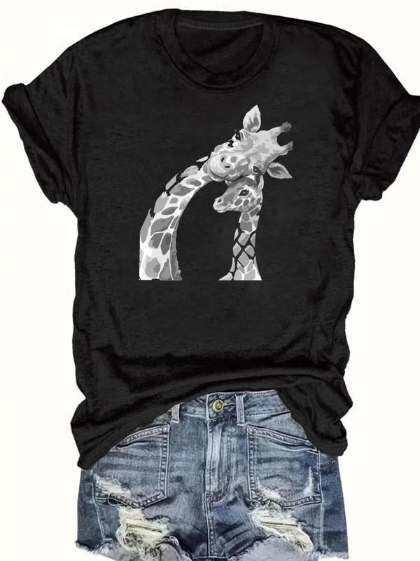 Women's Giraffe Print Round Neck Tee, Casual Letter Graphic Short Sleeve T-Shirt for Daily Wear, Ladies Clothes for All...