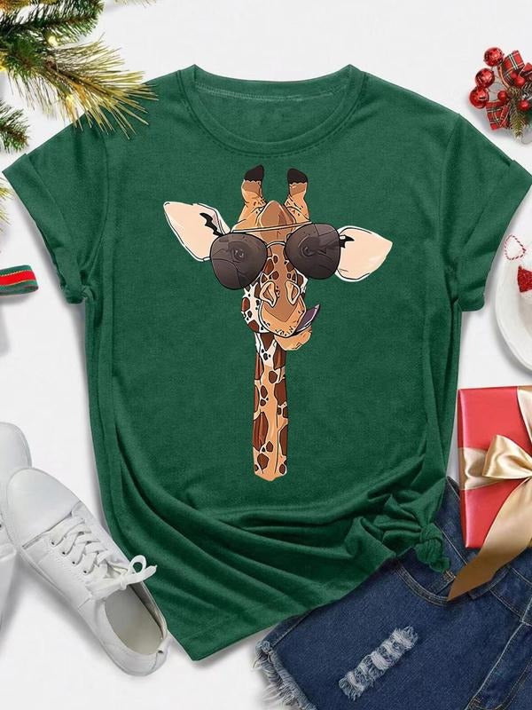 Women's Giraffe Print Round Neck Tee, Casual Short Sleeve Crew Neck T-shirt for All Seasons, Fashion Women's Top for...