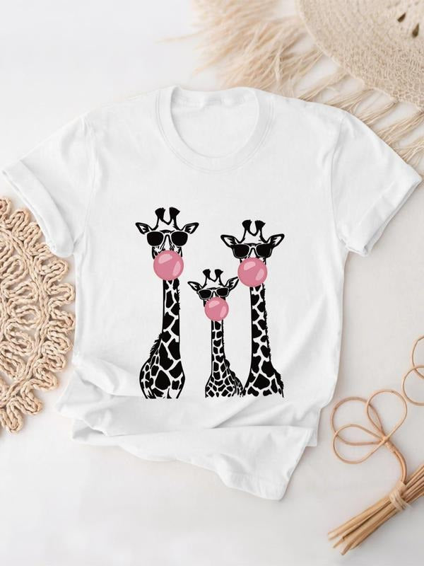 Women's Giraffe Print Round Neck Tee, Fashion Casual Crew Neck T-Shirt for Daily Holiday Vacation Outdoor Wear, Ladies...