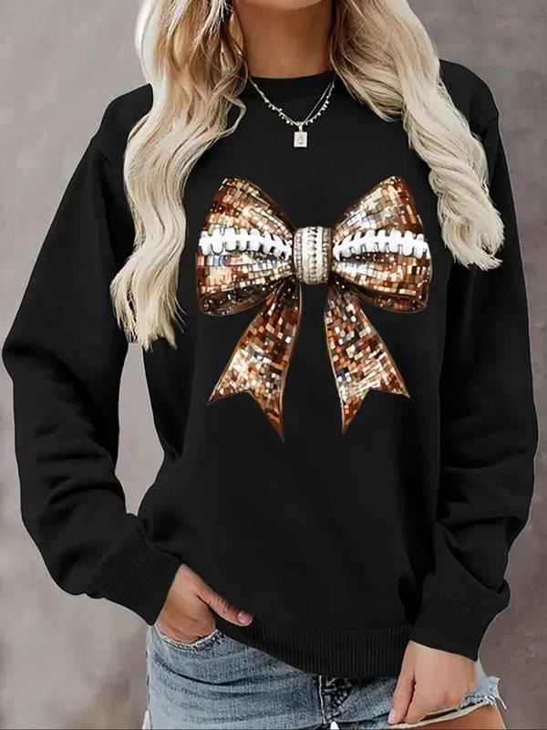 Women's Glitter Bow Print Crew Neck Sweatshirt, Casual Long Sleeve Pullover for Fall & Winter, Women's Clothes for Daily...