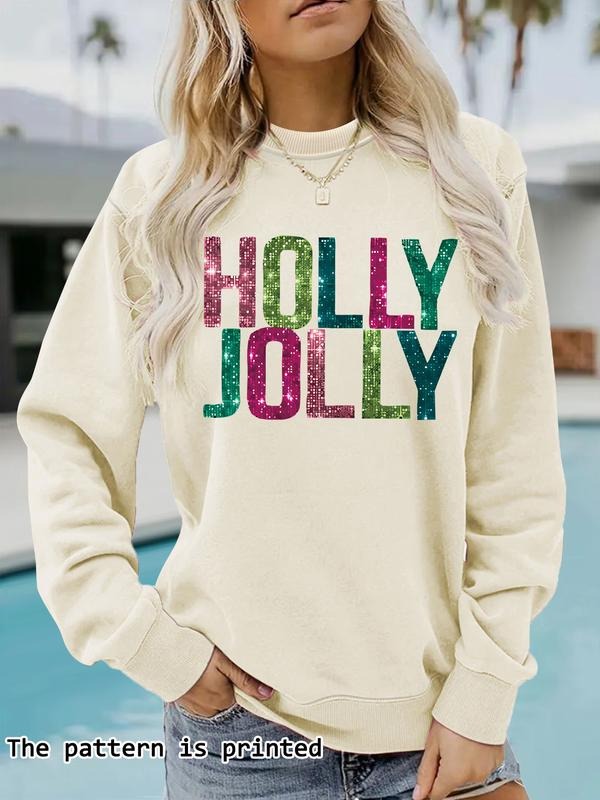 Women's Glitter Letter Print Crew Neck Sweatshirt, Casual Long Sleeve Pullover for Fall & Winter, Women's Clothes for...