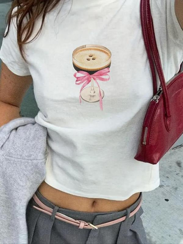 Women's Goblet & Bow Print Round Neck Crop Tee, Y2K Trendy Casual Short Sleeve T-Shirt for Daily Wear, Ladies Summer...