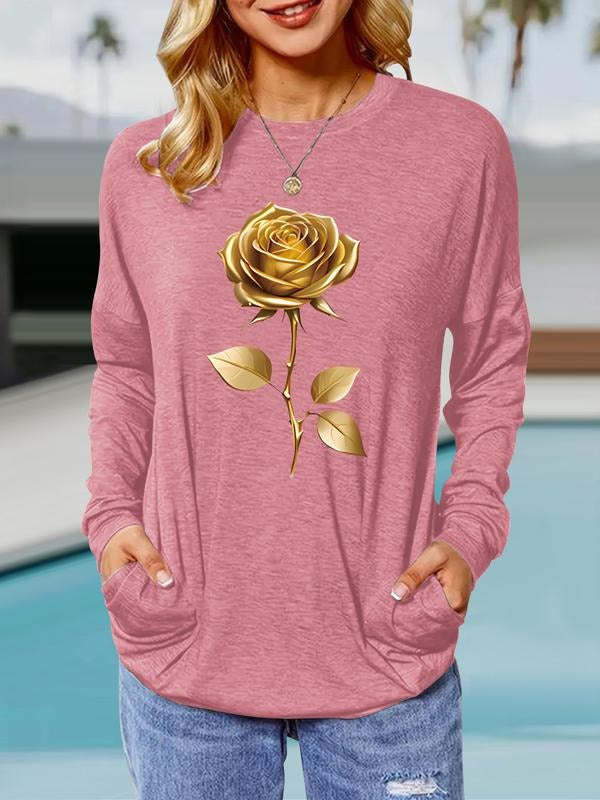 Women's Gold Rose Print Round Neck Long Sleeve Pullover, Casual Loose Fit T-Shirt for Spring & Fall, Comfortable...