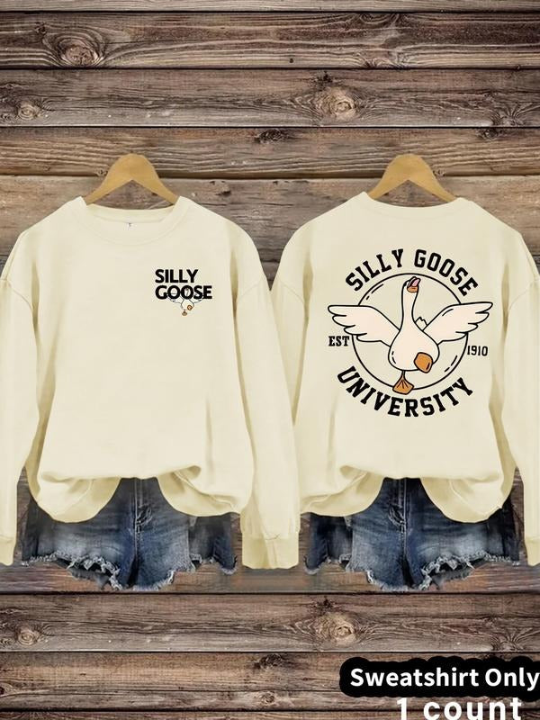 Women's Goose & University Print Crew Neck Sweatshirt, Casual Long Sleeve Pullover for Fall & Winter, Women's Clothes for...