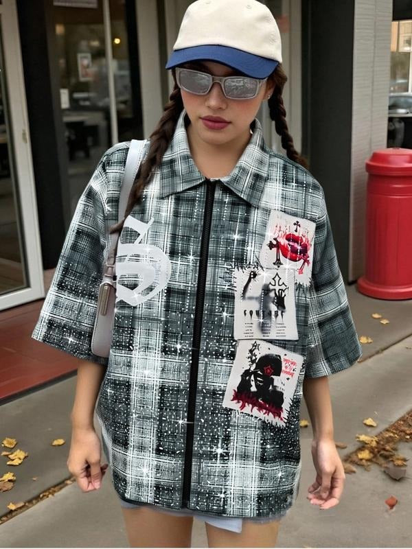 Women's Gothic Face Print Sequins Decor Checkered Casual Button-Up Shirt, Stylish Streetwear Fashion Top for Daily Wear &...