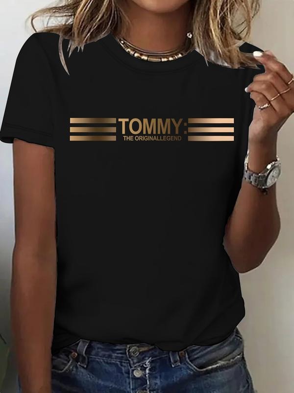 Women's Gradient Three Stripe Tommy Print Casual Summer Top, Round Neck Short Sleeve T-Shirt, Comfortable Breathable,...