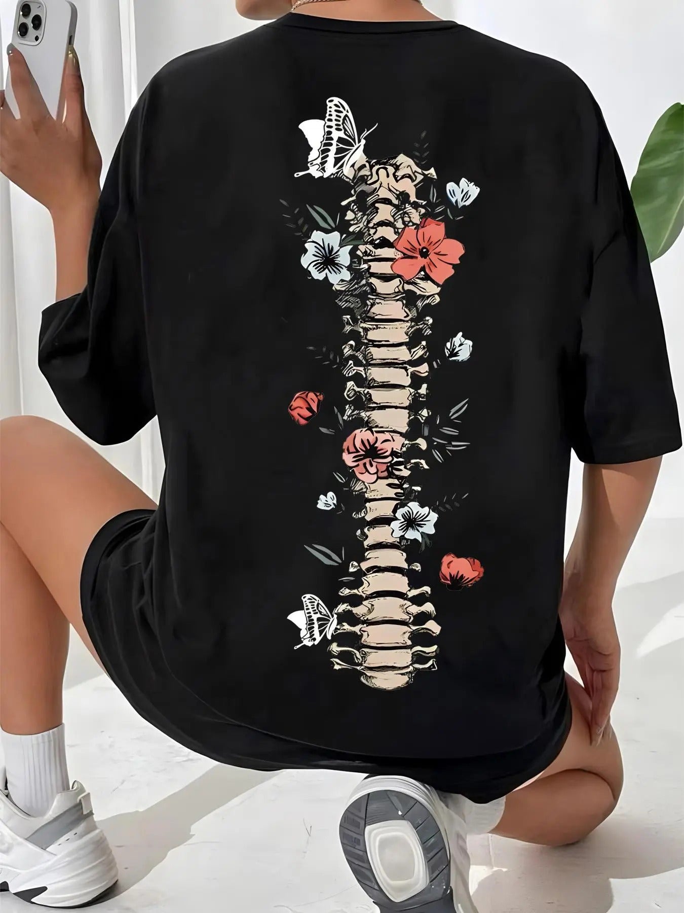 Women's Graphic Drop Shoulder Tee, Fashion Skeleton & Floral Print Half Sleeve T-shirt, Chic Summer Tee Shirts, Going Out...