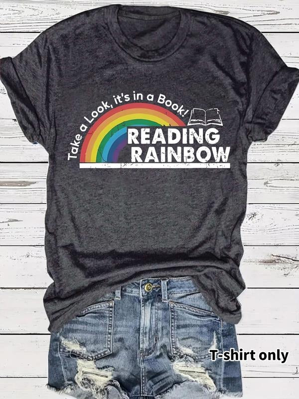 Women's Graphic Print Book Lover T-Shirt, Rainbow & Books Design, Short Sleeve Round Neck Casual Top, Medium Stretch...