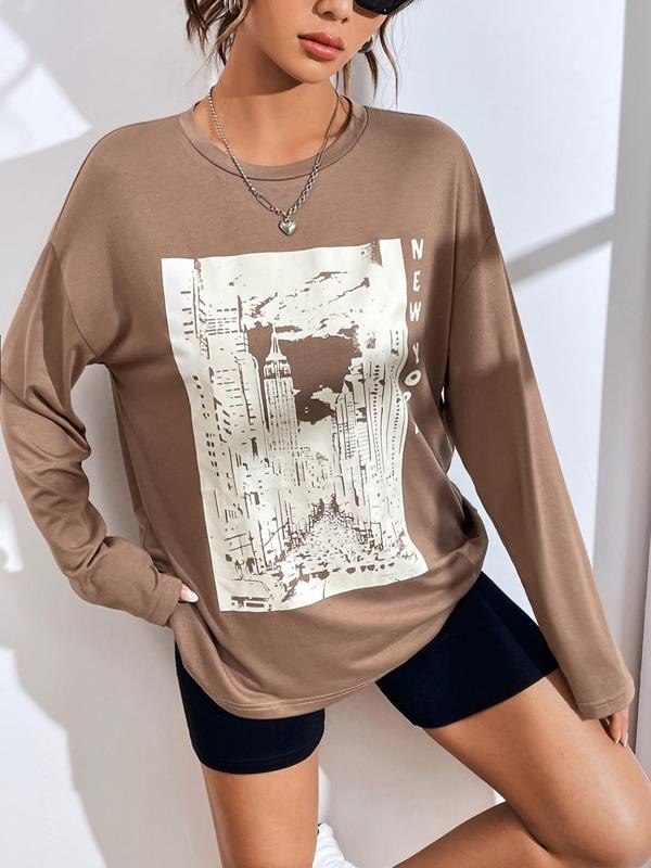 Women's Graphic Print Drop Shoulder T-shirt, Casual Long Sleeve Round Neck Tee For Spring & Fall, Women's Top For Daily...