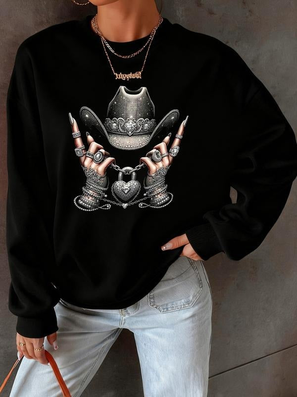 Women's Graphic Print Round Neck Pullover Sweatshirt, Soft Thick Casual Sportswear, Loose-Fitting Winter Wear, Versatile...