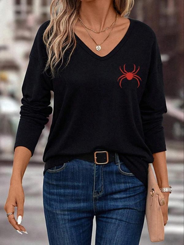 Women's Graphic Print V Neck Tee, Casual Long Sleeve T-Shirt for Fall & Winter, Fashion Ladies' Top for Daily Wear...