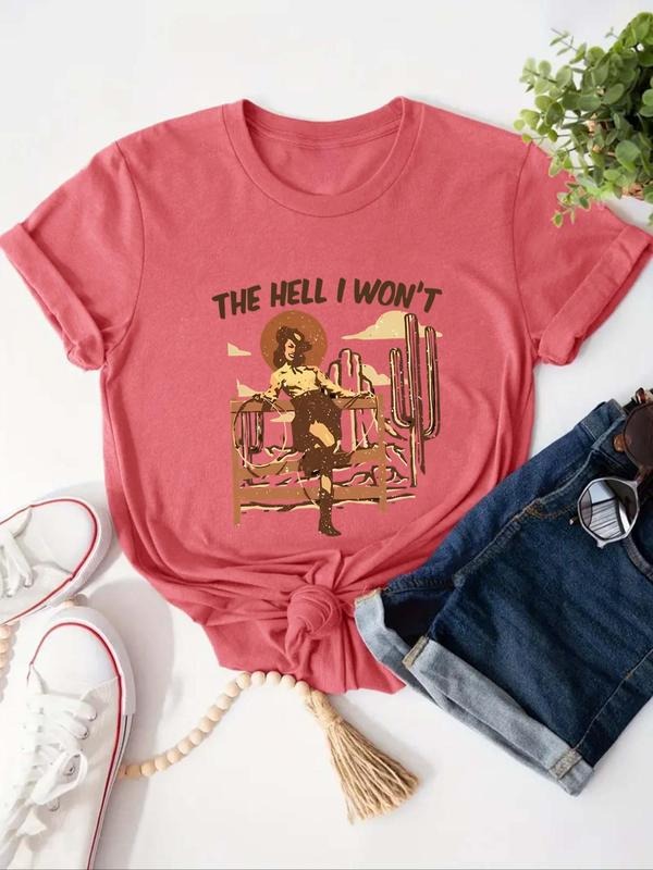 Women's Graphic Round Neck Vintage Tee, Casual Short Sleeve T-Shirt for Summer, Fashion Women's Top for Daily Wear...