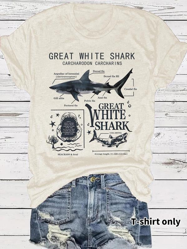 Women's Great Shark Print Round Neck Tee, Vintage Trendy Casual Short Sleeve T-shirt for Daily Wear, Ladies Summer, Top...