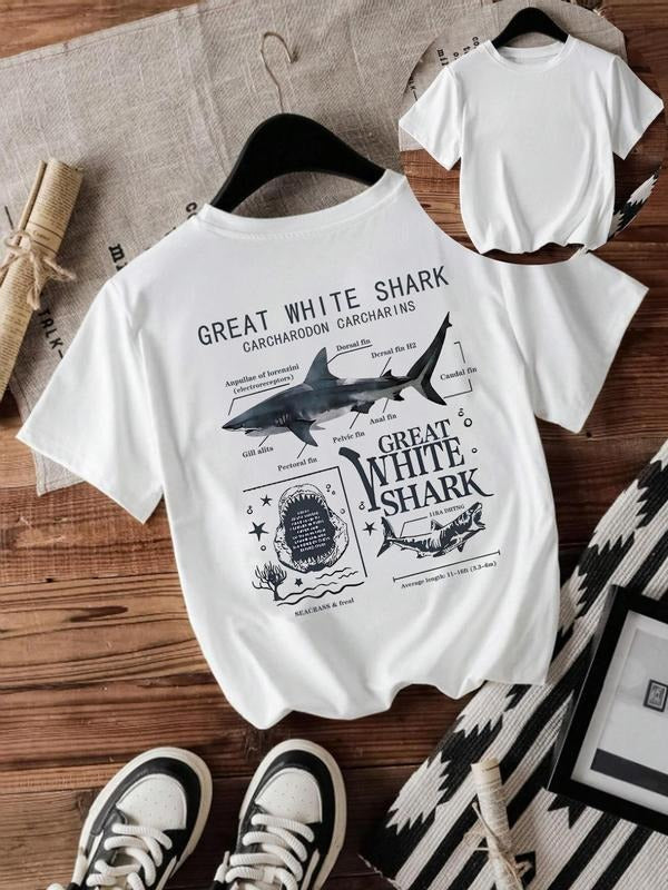 Women's Great White Shark Print Round Neck Tee, Casual Short Sleeve Crew Neck T-shirt for Summer, Fashion Women's Top for...
