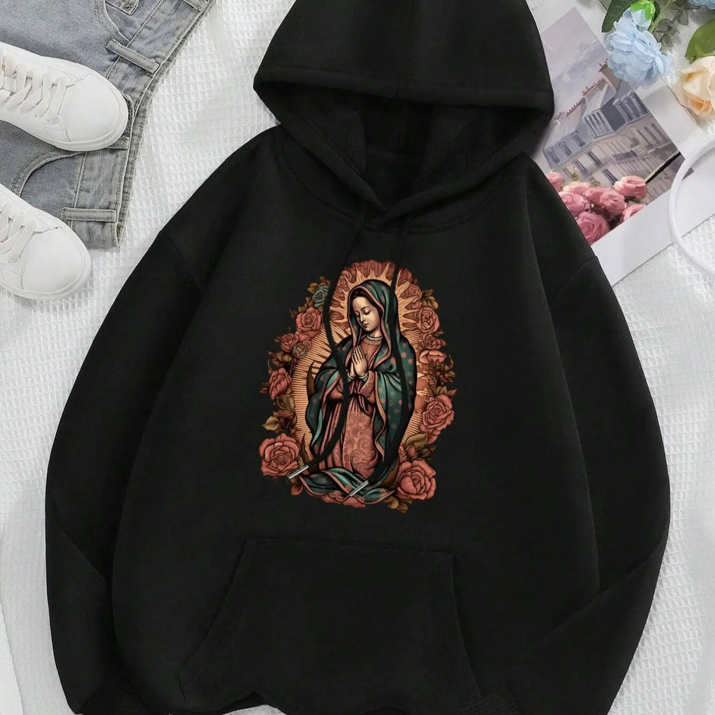Women's Guadalupe Virgin Mary Floral Drop Shoulder Hoodie, Fashion Casual Drawstring Pocket Hooded Sweatshirt for Daily...