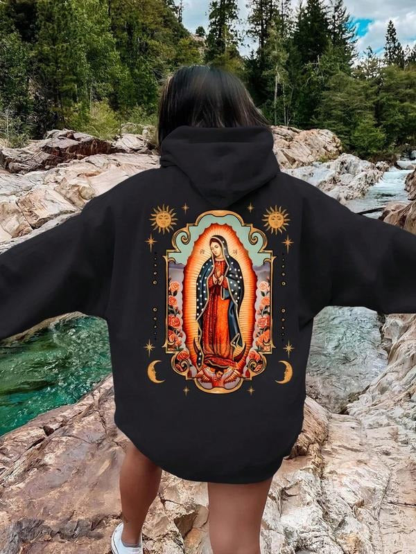 Women's Guadalupe Virgin Mary Print Drop Shoulder Hoodie, Fashion Casual Drawstring Pocket Hooded Sweatshirt for Daily...