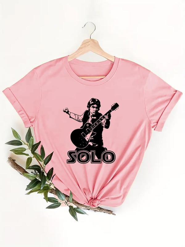 Women's Guitar & Letter Print Round Neck Graphic Tee, Vintage Trendy Casual Figure Print Short Sleeve T-shirt for Daily...