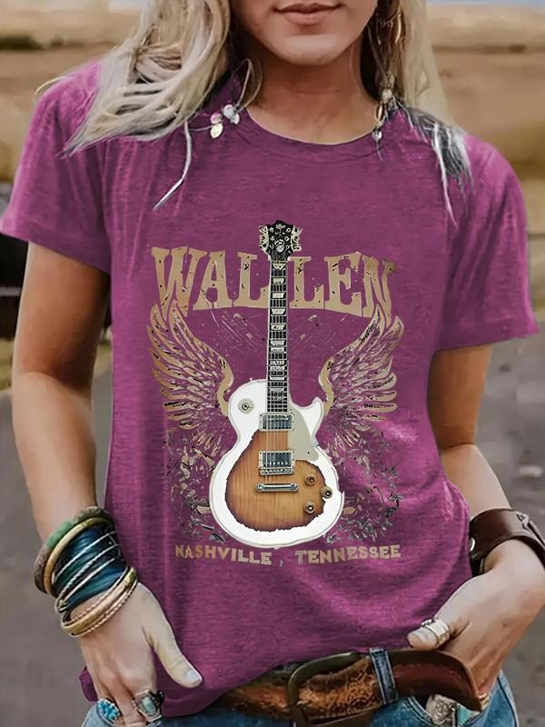 Women's Guitar & Letter Print Round Neck Tee, Casual Short Sleeve Crew Neck T-Shirt for Summer, Fashion Women's Top for...