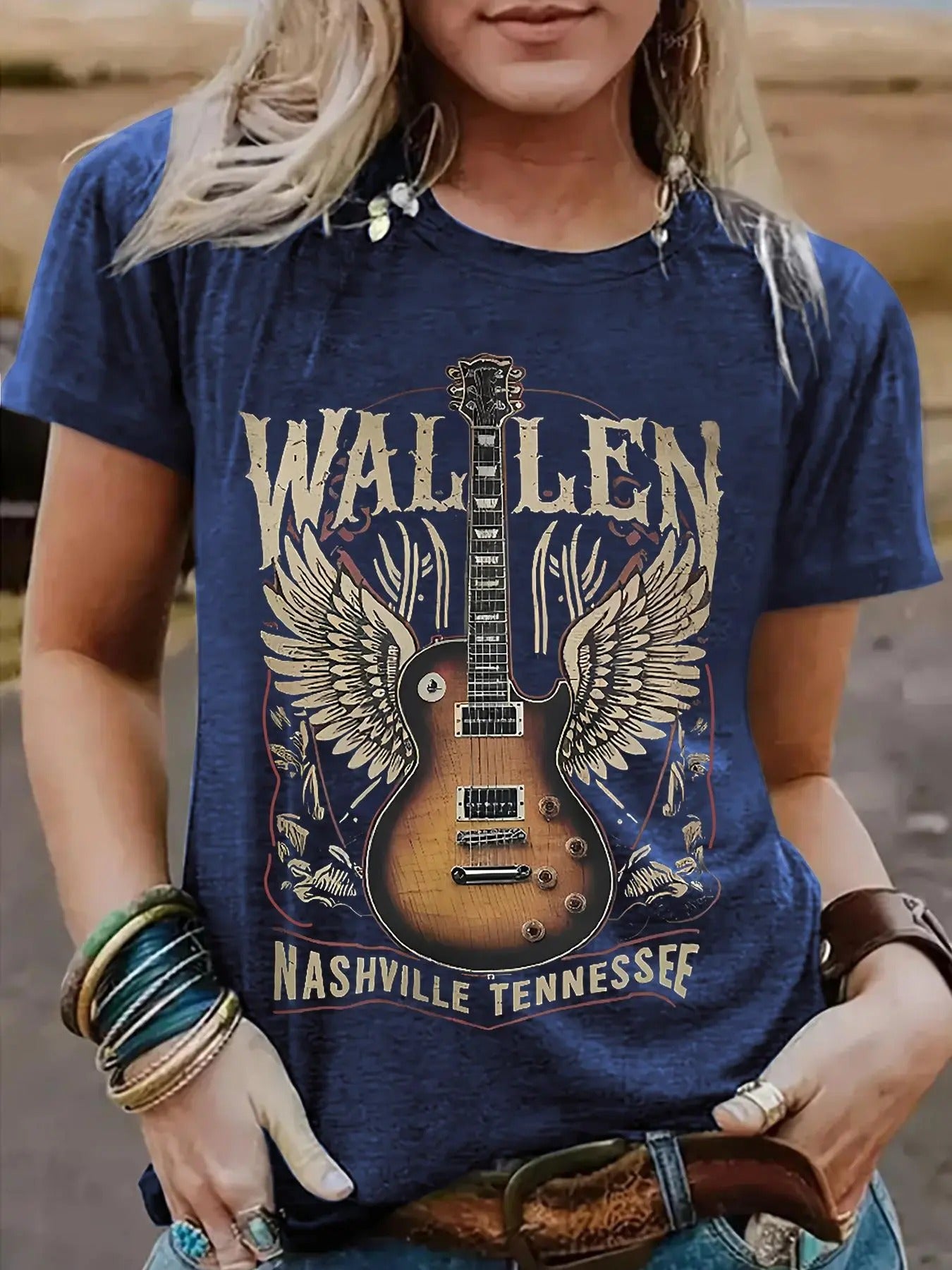 Women's Guitar & Letter Print Round Neck Tee, Casual Short Sleeve Crew Neck T-shirt for Summer, Fashion Women's Top for...
