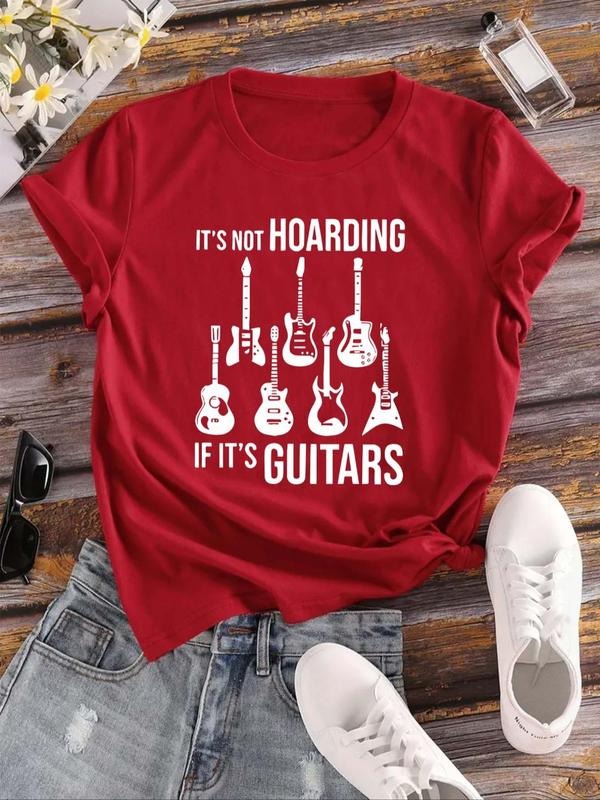 Women's Guitar & Letter Print Round Neck Tee, Casual Short Sleeve T-shirt, Ladies Summer Outfit for Daily Wear Hoodie,...