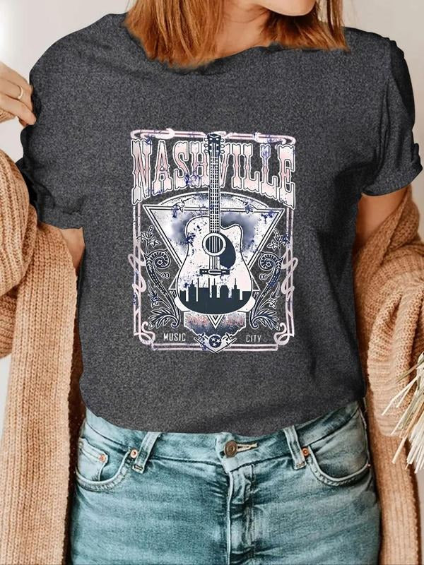 Women's Guitar & Letter Print Round Neck Tee, Vintage Graphic Short Sleeve T-Shirt for Summer, Fashion Casual Women's Top...