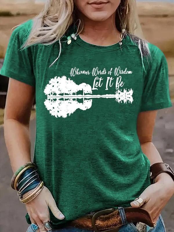 Women's Guitar & Letter Print Round Neck Tee, Vintage Trendy Casual Crew Neck T-shirt for Daily Wear, Ladies Summer, Top...