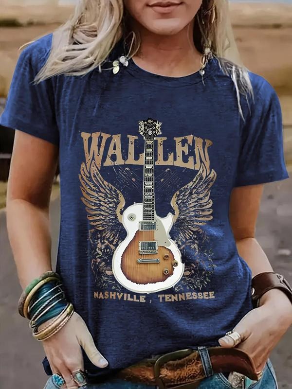 Women's Guitar Print Round Neck Tee, Casual Short Sleeve Crew Neck T-Shirt for Spring, Fashion Women's Top for Daily Wear...