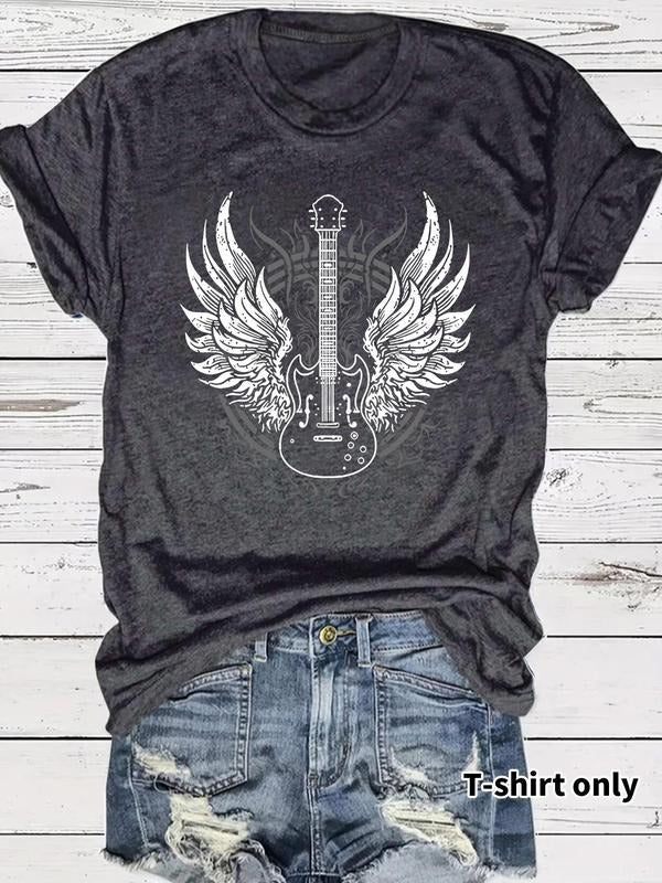Women's Guitar Print Round Neck Tee, Casual Short Sleeve Crew Neck T-shirt for Summer, Fashion Women's Top for Daily Wear...