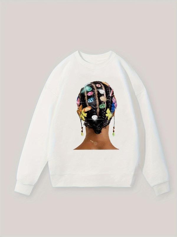 Women's Hairstyle Print Drop Shoulder Thermal Lined Sweatshirt, Trendy Casual Long Sleeve Round Neck Pullover for Fall &...