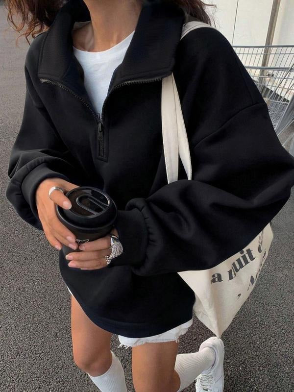 Women's Half-Zip Mock Neck Oversized Sweatshirt - Black Casual Streetwear Pullover T-Shirts, Hoodie | UrbanDripWear.com