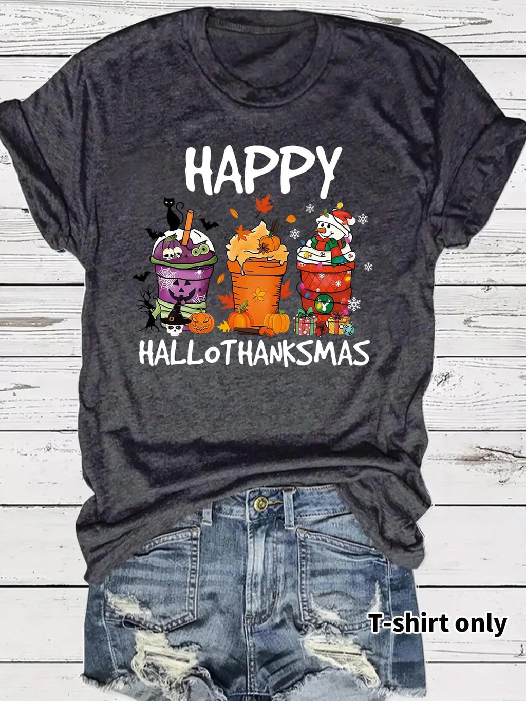 Women's Halloween & Christmas Print Round Neck Tee, Casual Short Sleeve Crew Neck T-Shirt for Fall & Winter, Women's Top...