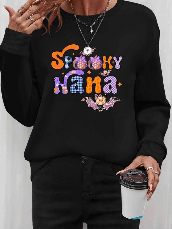 Women's Halloween Bat Letter Print Long Sleeve Round Neck Pullover Sweatshirt, Casual Fitted Kint Fabric, Fall & Winter...