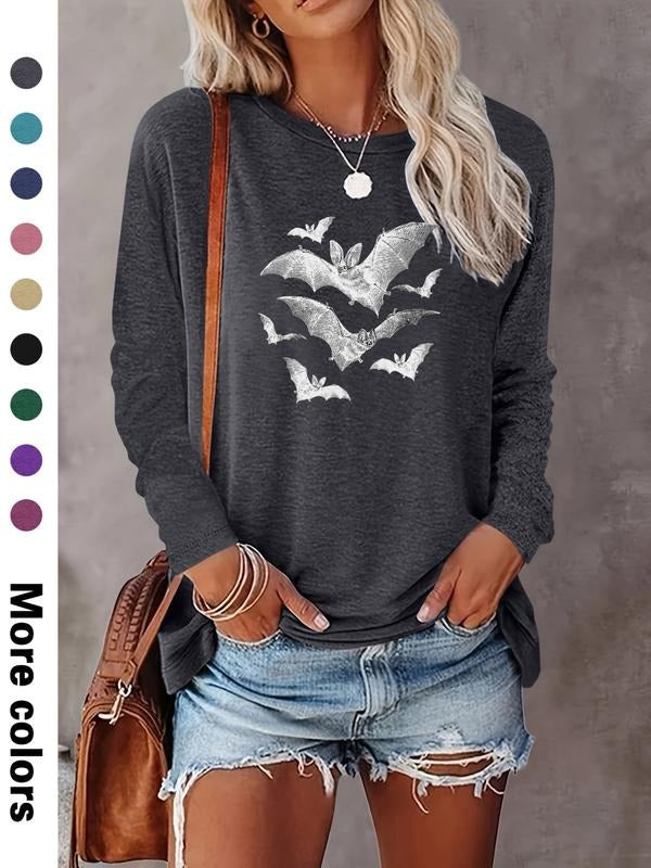 Women's Halloween Bat Print Long Sleeve Casual Fitted T-Shirt, Comfortable Fabric, Available in 9 Colors, Perfect for All...