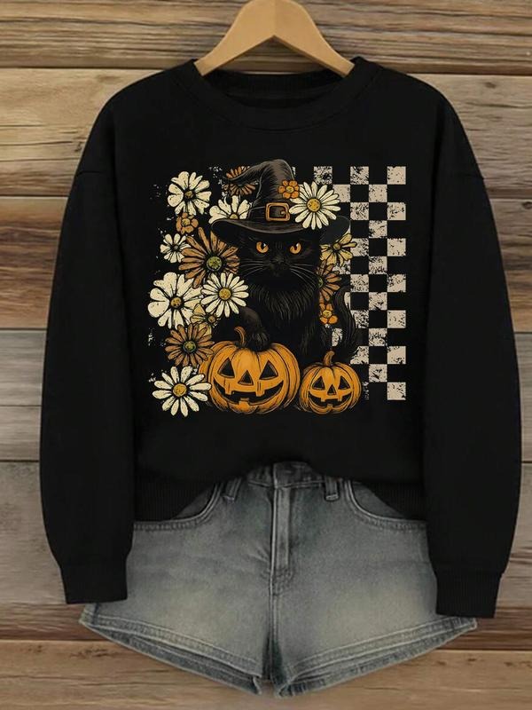 Women's Halloween Cartoon Cat Pumpkin Print Sweatshirt, Casual Fitted Round Neck Long Sleeve Top, Fall Winter Fashion...
