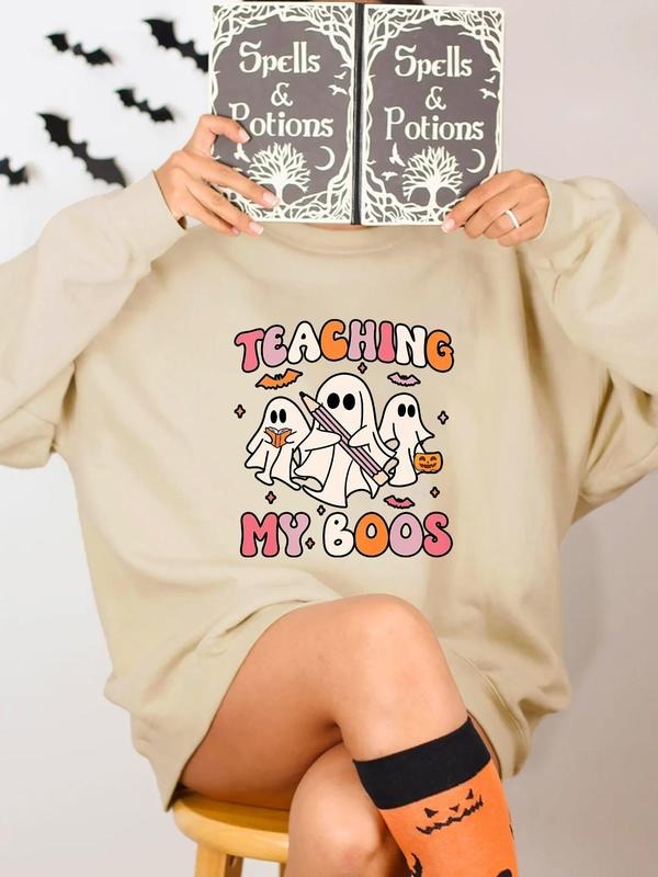 Women's Halloween Cartoon Ghost & Letter Print Drop Shoulder Sweatshirt, Casual Long Sleeve Round Neck Pullover for Daily...
