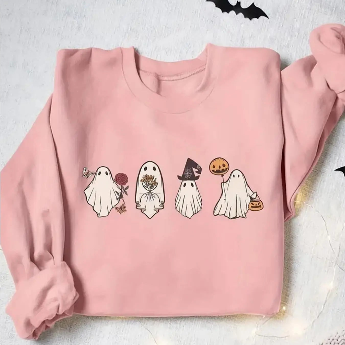 Women's Halloween Cartoon Ghost Print Drop Shoulder Sweatshirt, Casual Long Sleeve Round Neck Pullover for Daily Wear,...
