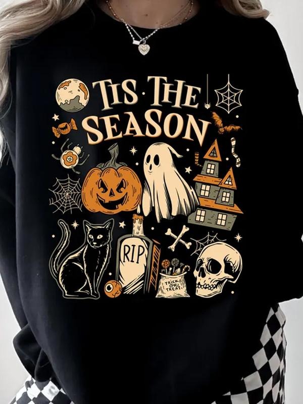 Women's Halloween Cartoon Skull Pumpkin Bat Print Sweatshirt, Casual Fitted Round Neck Pullover for Fall & Winter Fashion...