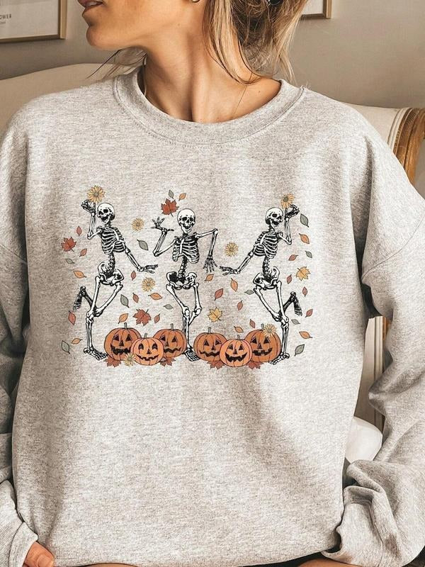 Women's Halloween Dancing Skeleton Print Pullover Sweatshirt, Casual Round Neck Fitted Jumper, Thick Knit Fall & Winter...