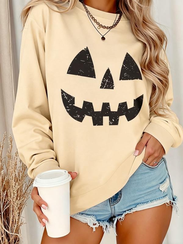 Women's Halloween Expression Print Hoodie, Casual Loose Fit Pullover Sweatshirt, Fall & Winter Kint Fabric, Must-Have for...