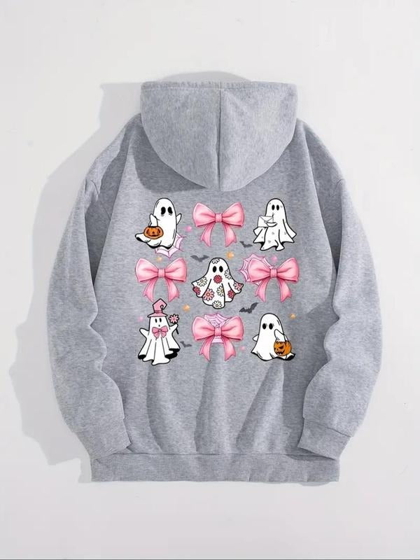Women's Halloween Ghost & Bow Print Thermal Lined  Drawstring Hoodie, Fashion Casual Pocket Hooded Sweatshirt for Daily...