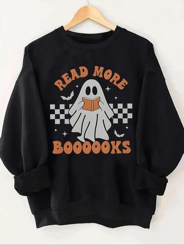 Women's Halloween Ghost & Letter Print Drop Shoulder Sweatshirt, Casual Long Sleeve Round Neck Pullover for Daily Wear,...